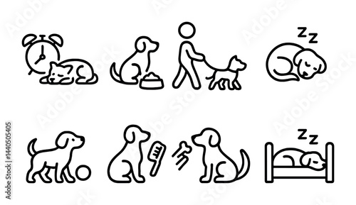 Dog care and activity icons set – outline style pet grooming, training, and sleep symbols for animal lovers: alarm clock, feeding, walking, brushing, sleeping