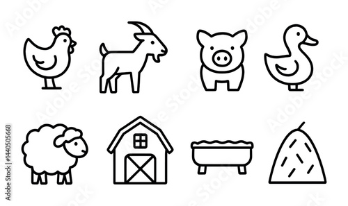 Farm animals icon set – outline style agriculture, barnyard, and livestock symbols for rural design: chicken, goat, pig, duck, sheep, barn, trough, haystack.