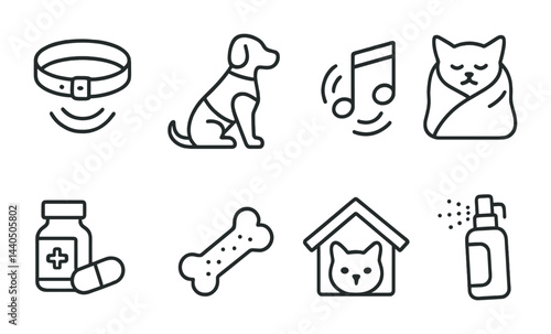 Pet care outline icon set – linear style for animal lovers, veterinary, and grooming services: collar, dog, music note, cat, medicine, bone, dog house, spray bottle
