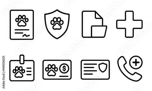 Pet care and veterinary line icons set – outline style for animal health, rescue, and medical services: adoption form, safety badge, medical folder, health cross, id tag, payment card, license,