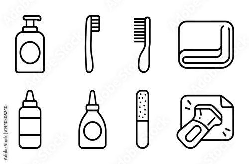 Personal hygiene outline icon set – linear style grooming, wellness, and cleanliness symbols: soap dispenser, toothbrush, comb, towel, liquid bottle, nail file, razor.