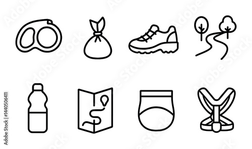 Outdoor adventure and hiking line icons set – outline style for exploring and nature excursions: goggles, backpack, sneakers, trail, water bottle, map, thermos, harness.