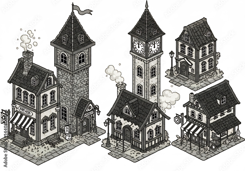 Obraz premium Isometric Grayscale Pixel Art Illustration of Various Buildings Including Clock Towers and Shops