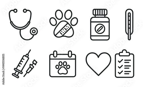 Pet healthcare icons set – outline style veterinary, health, and animal care symbols for pet wellness: stethoscope, paw print, medicine bottle, thermometer, syringe, pet calendar, heart, checklist.