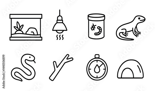 Reptile care line icons set - outline-style animal, pet, and habitat symbols for enthusiasts: terrarium, heat lamp, food jar, lizard, snake, branch, timer, cave.