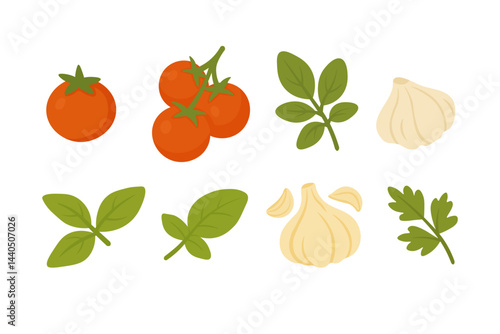 Fresh tomatoes, basil, garlic, and parsley cartoon ingredients in flat style for cooking and pasta recipes.