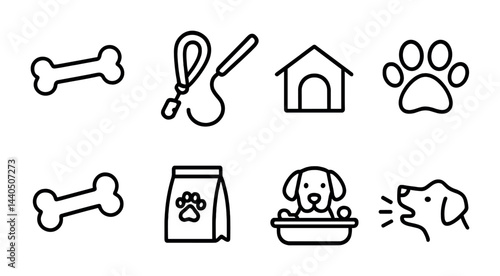 Pet care icon set - outline style for veterinary, grooming, and shelter: bone, leash, dog house, paw print, food bag, dog bath, barking dog