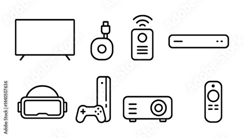 Home entertainment outline icons set – line style for media, technology, and gadgets: tv, streaming device, remote control, soundbar, vr headset, game console, projector.
