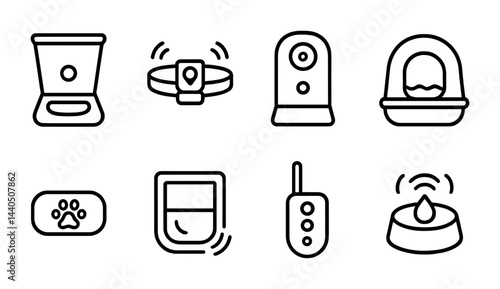 Pet care linear icons set – outline style animal, grooming, and accessory symbols for home use: feeder, collar, camera, bed, mat, litter box, remote, bowl.