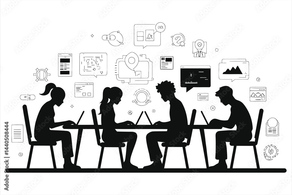 Silhouette illustration of a diverse team working together at a table with laptops./Diverse Team Collaborating on Project with Digital Tools.. Silhouette illustration of a diverse team working together at a table with laptops./Diverse Team Collaborating on Project with Digital Tools..