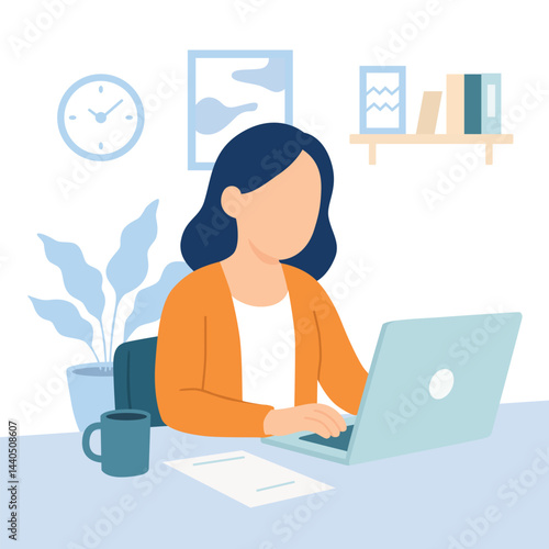 Woman Working on Laptop at Home Office Desk Vector Illustration
