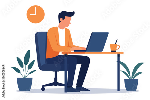 Man Working on Laptop at Home Office Desk Vector Illustration