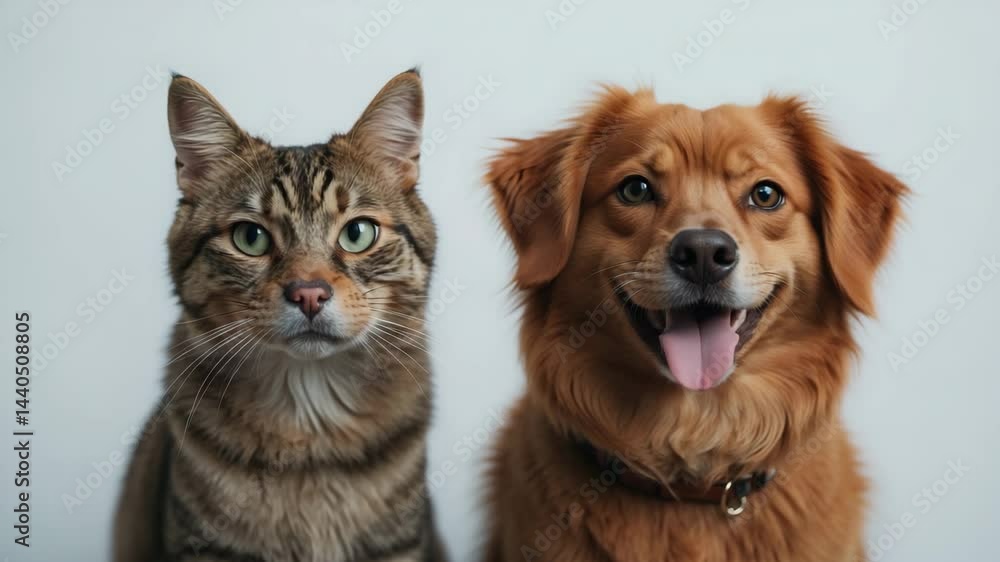 video of a cat and a dog looking at the camera with a white background. video of a cat and a dog looking at the camera with a white background.