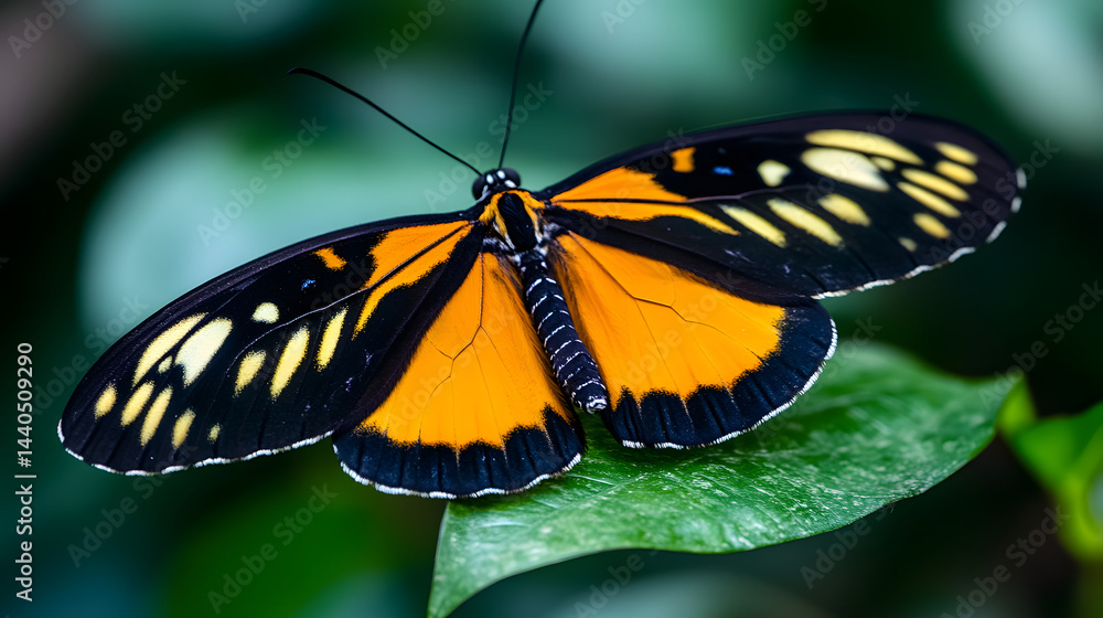 Obraz premium A striking orange and black rainforest tiger moth fluttering near a tropical leaf.