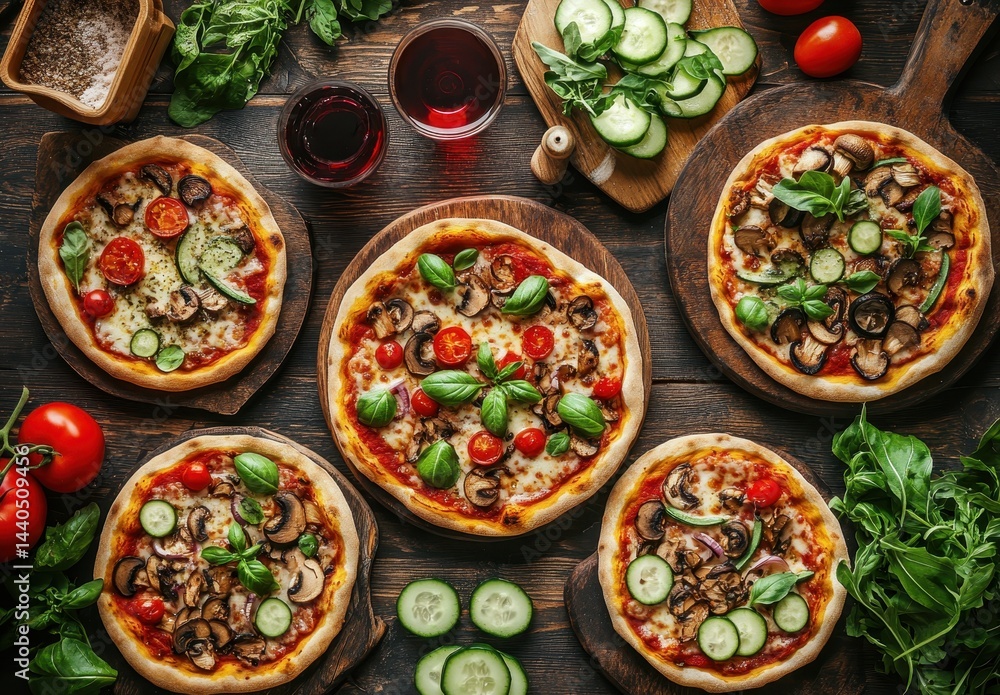 Freshly Baked Pizzas with Vegetables and Herbal Garnishes on Rustic Wooden Table Surrounded by Tomatoes, Cucumbers, and Red Wine Glasses Freshly Baked Pizzas with Vegetables and Herbal Garnishes on Rustic Wooden Table Surrounded by Tomatoes, Cucumbers, and Red Wine Glasses