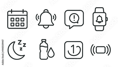 Collection of line icons for daily reminders and notifications, perfect for app design and user interfaces