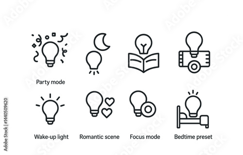 Smart lighting icon set – outline style automation, home ambiance, and lighting control symbols: party mode, wake-up light, romantic scene, focus mode, bedtime preset