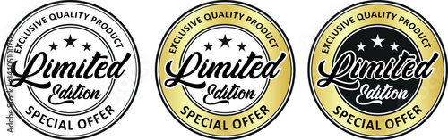 three exclusive quality limited edition badges in white, silver, and gold colors, symbolizing premium special offers, trusted products, and high value promotions in simple clean vector style	