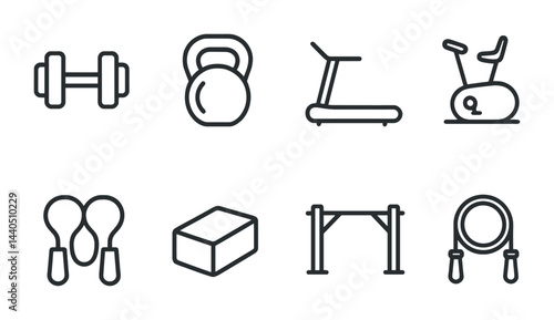 Fitness and gym icon set - outline style for health, exercise, and workout designs: dumbbell, kettlebell, treadmill, exercise bike, jump rope, squash rackets