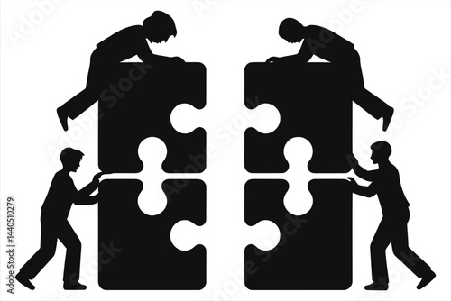 Vector Silhouette of four people working together to assemble a large puzzle, emphasizing teamwork and problem-solving.