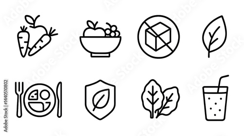 Healthy eating outline icons set – line style nutrition, vegan, and organic symbols for wellness: carrots, fruit bowl, sugar-free, leaf, meal, shield, greens, beverage.