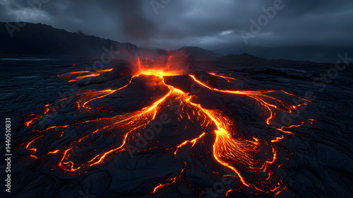 A thick flow of lava slowly hardening, with glowing cracks running through the surface, casting an orange-red glow that lights up the dark surrounding rocks.