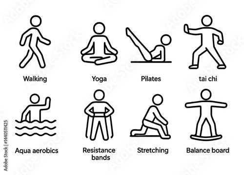 Fitness and exercise outline icons set – linear style wellness, workout, and health symbols for active living: walking, yoga, pilates, tai chi, aqua aerobics, resistance bands, stretching, balance