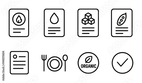 Nutrition and dietary flat style icons – healthy eating, food labels, and dietary symbols: allergy info, water intake, sugar content, protein source, plate setting, organic, checkmark