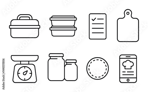 Kitchen essentials outline icon set – flat style cooking, food preparation, and culinary symbols: lunchbox, containers, checklist, cutting board, kitchen scale, jars, plate, recipe app.