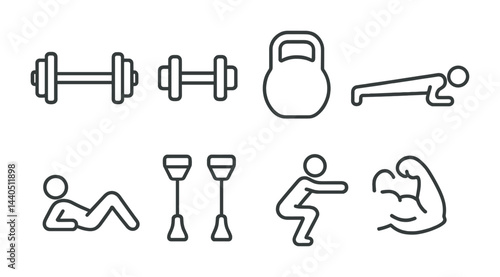 Fitness and workout outline icons set – linear style for gym, exercise, and health tracking: dumbbell, kettlebell, push-up, sit-up, squats, muscle, crutches.