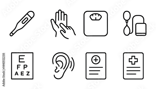 Healthcare and medical linear icons – outline style for clinic, wellness, and treatment: thermometer, washing hands, scale, blood pressure, eye chart, ear, prescription, health record.
