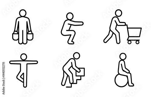 Fitness and exercise outline icons set - linear style workout, training, and activity symbols for health enthusiasts: dumbbells, squats, shopping cart, stretch, stairs, balance.