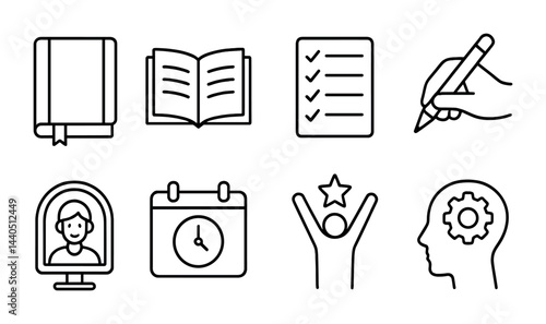 Education and learning outline icons – linear style study, school, and academic symbols for teaching resources: book, checklist, writing hand, calendar, online class, achievement, mindset.