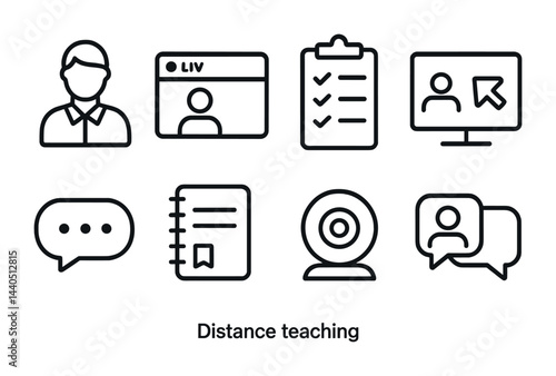 Distance teaching essentials: online education tools and communication icons for virtual learning