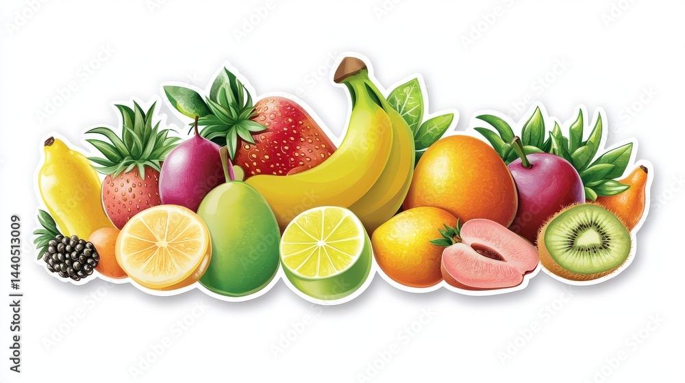 A colorful sticker showing a variety of fresh fruits in a neatly packed arrangement. Mood: refreshing and vibrant A colorful sticker showing a variety of fresh fruits in a neatly packed arrangement. Mood: refreshing and vibrant