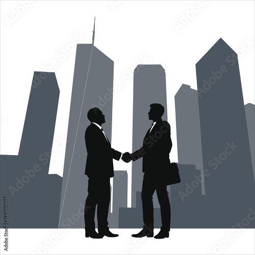 Vector Silhouette of two businessmen shaking hands in front of a modern city skyline./Businessmen Handshake in a Modern Cityscape..