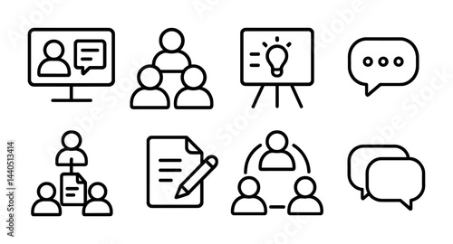 Communication and collaboration icon set – outline style messaging, teamwork, and interaction symbols for digital projects: chat bubble, team meeting, presentation, document, conversation.