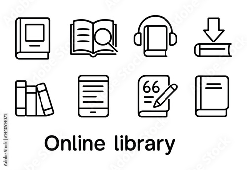 Online library icon set – outline style digital reading, e-books, and knowledge symbols: book, magnifying glass, headphones, download, bookshelf, tablet, note, e-reader