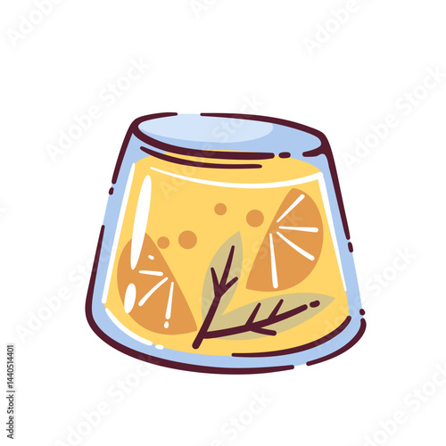 Lemonade drink doodle in clear glass, filled with bright yellow liquid, citrus slices, and mint leaf. Vector illustration of cartoon lemonade is perfect for summer designs.