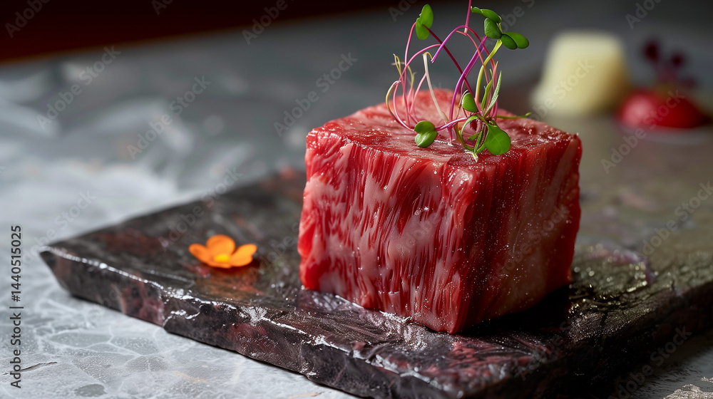 Square-cut raw Wagyu steak centered in black marble tray.