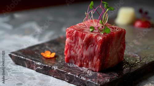 Obraz na płótnie Square-cut raw Wagyu steak centered in black marble tray. w salonie