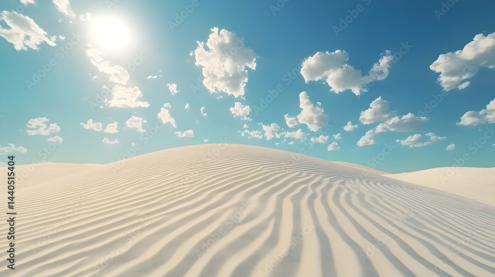 Naklejka premium White sand dunes in the arid desert landscape stretch towards the blue sky, with wind creating sandy dunes under the summer clouds