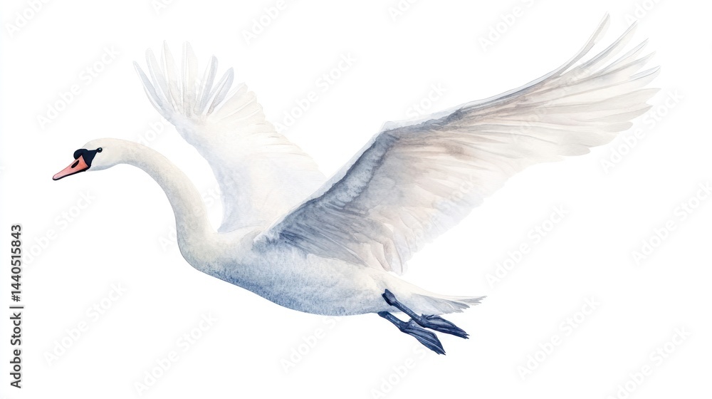 Obraz premium A graceful white swan in flight, wings spread wide against a white background.