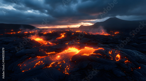 Blazing lava field spreading across the landscape, consuming everything in its path.