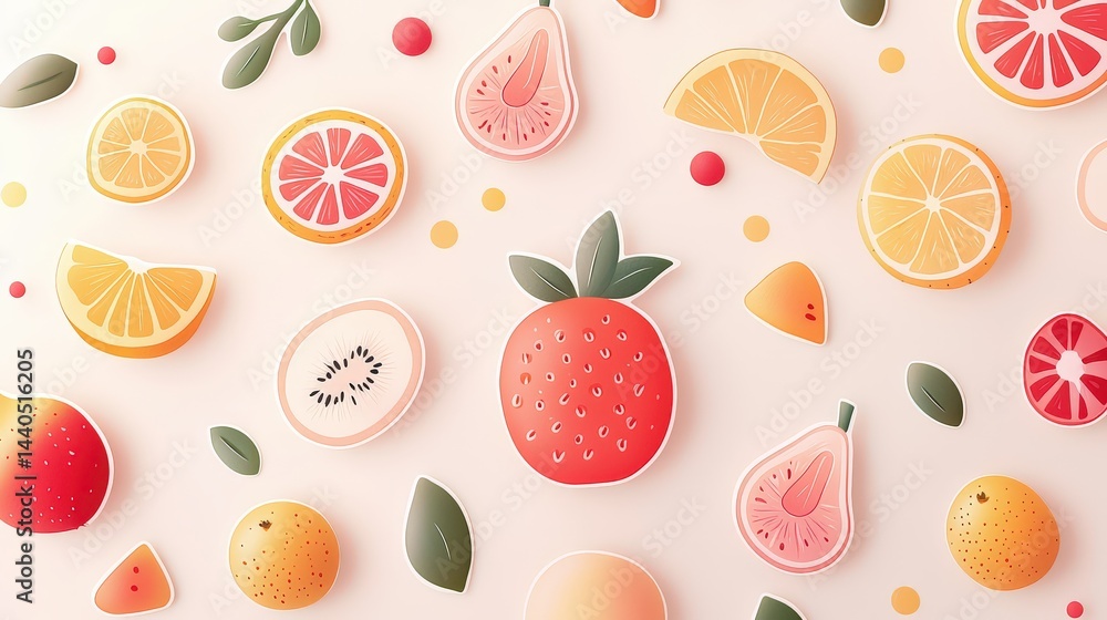 Minimalist fruit-themed sticker collection in warm pink hues, designed on a blank canvas. Mood: soft and refreshing Minimalist fruit-themed sticker collection in warm pink hues, designed on a blank canvas. Mood: soft and refreshing