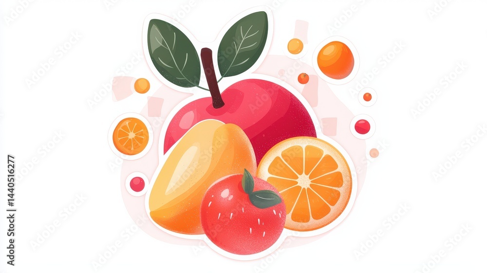 Naklejka premium Minimalist fruit-themed sticker collection in warm pink hues, designed on a blank canvas. Mood: soft and refreshing