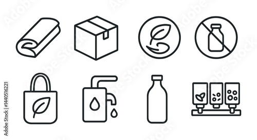 Eco-friendly packaging outline icons – linear style sustainability and recycling symbols: reusable bag, biodegradable box, eco-label, recyclable bottle, zero waste