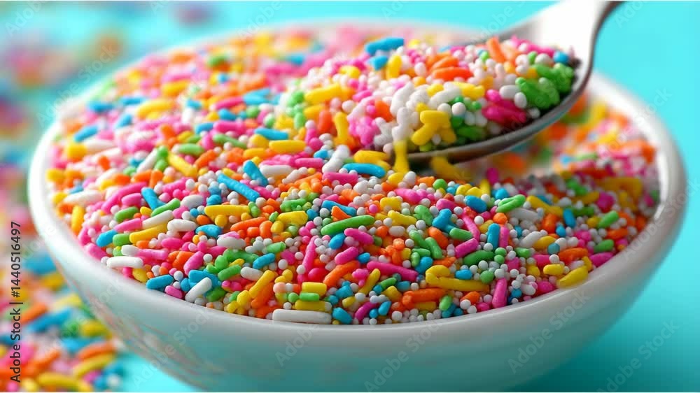 Colorful sprinkles in a bowl with a spoon on a bright background perfect for dessert decorating