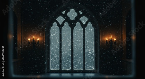 Gothic window with snow and candles