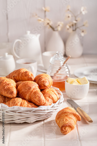 Obraz na płótnie Crunchy and tasty french croissants served with coffee. w salonie